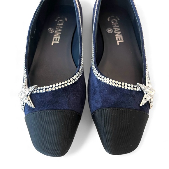 🆕CHANEL Cap Toe Flats Crystal Star & Trim Embellishment Navy & Black 37EU • NIB - Picture 4 of 11